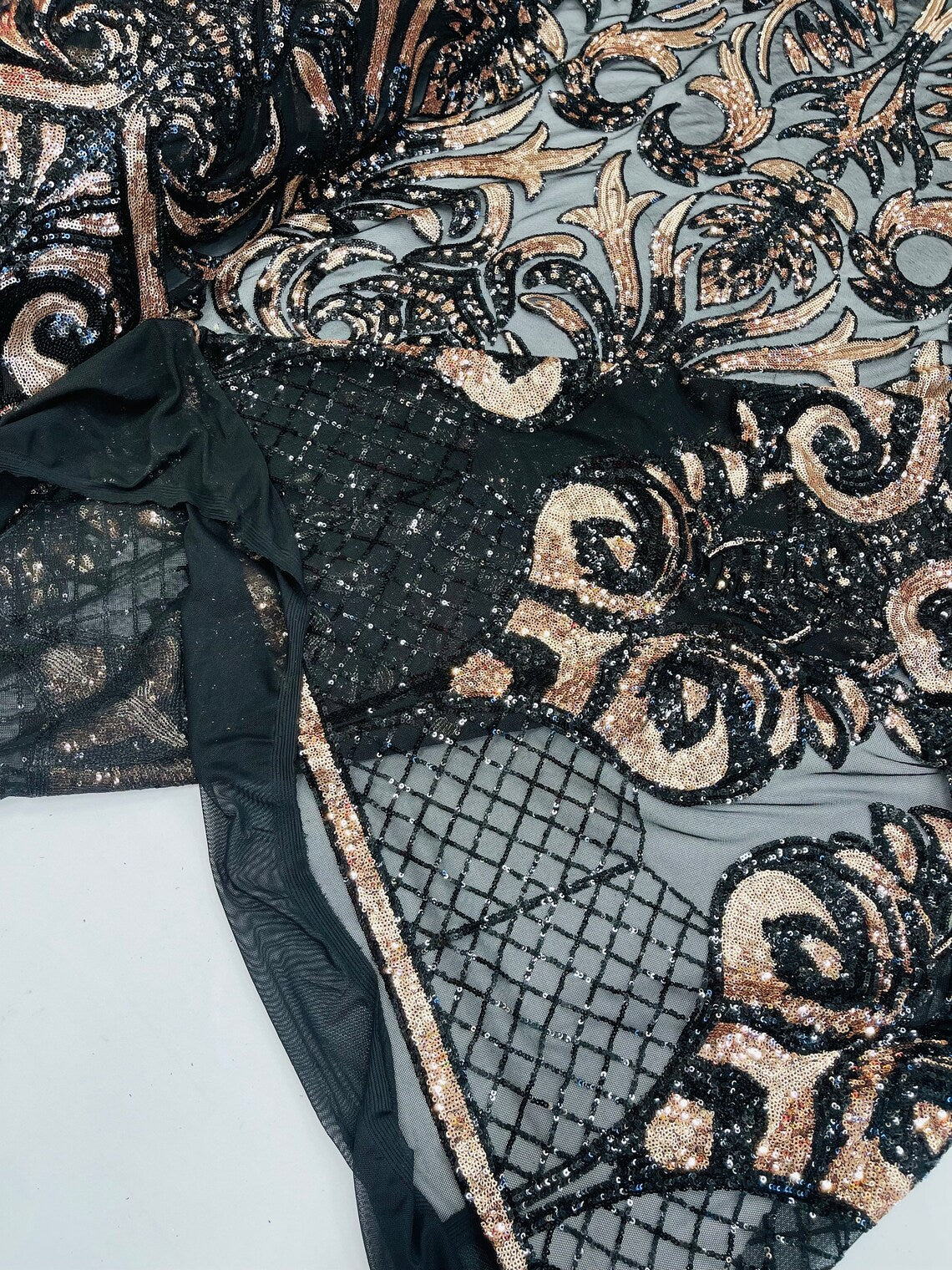 GOLD SHINY SEQUIN DAMASK DESIGN EMBROIDERY ON A BLACK 4 WAY STRETCH MESH-1 YARD. main image 1