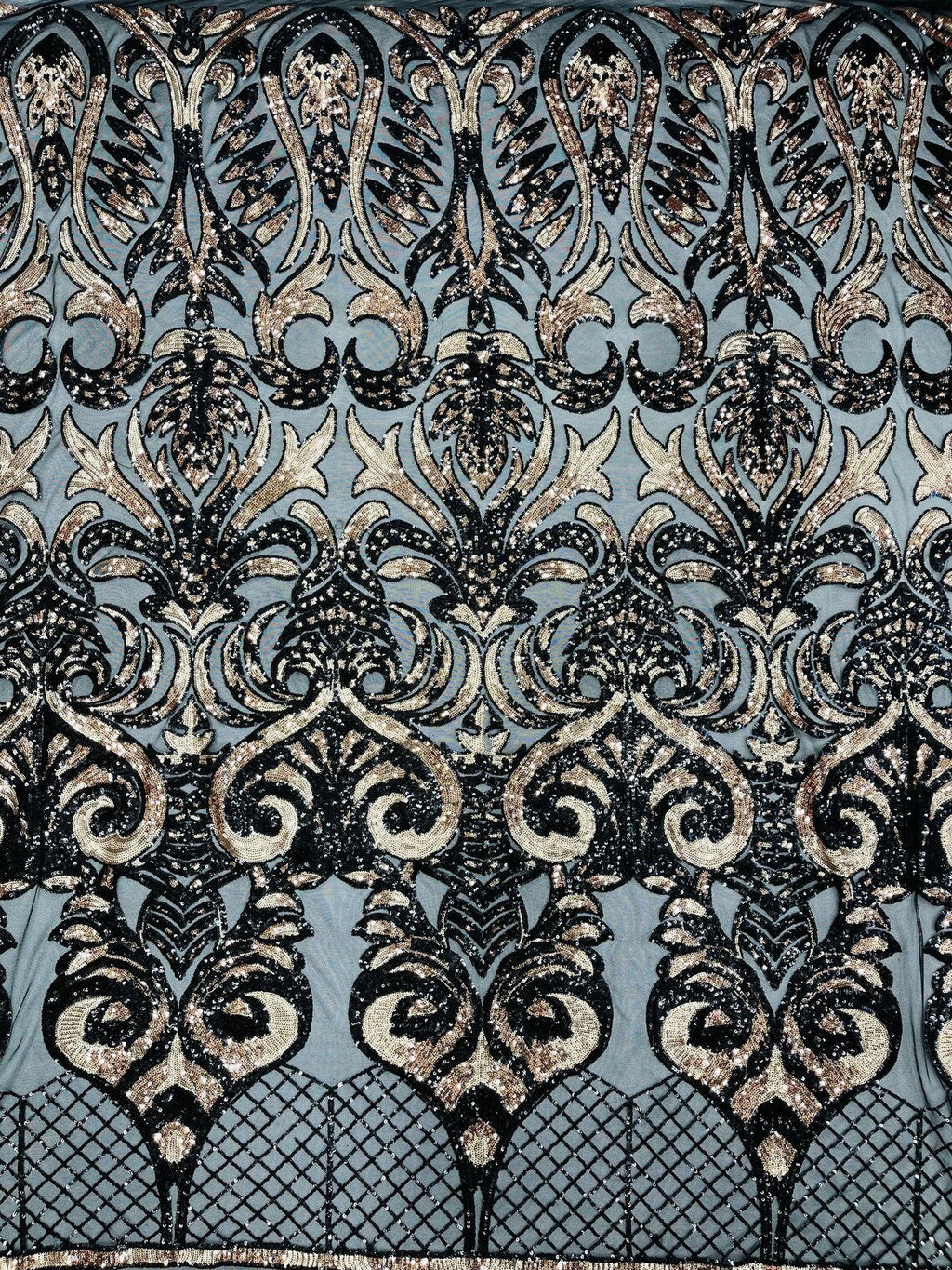 Open Heart Damask Design - Black / Rose Gold - 4 Way Stretch Sequins Embroidered Fabric By Yard