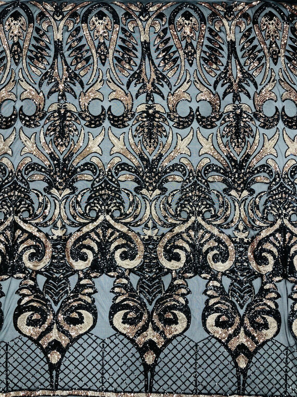 Open Heart Damask Design - Black / Rose Gold - 4 Way Stretch Sequins Embroidered Fabric By Yard