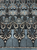 Open Heart Damask Design - Black / Rose Gold - 4 Way Stretch Sequins Embroidered Fabric By Yard
