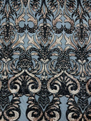 Open Heart Damask Design - Black / Rose Gold - 4 Way Stretch Sequins Embroidered Fabric By Yard