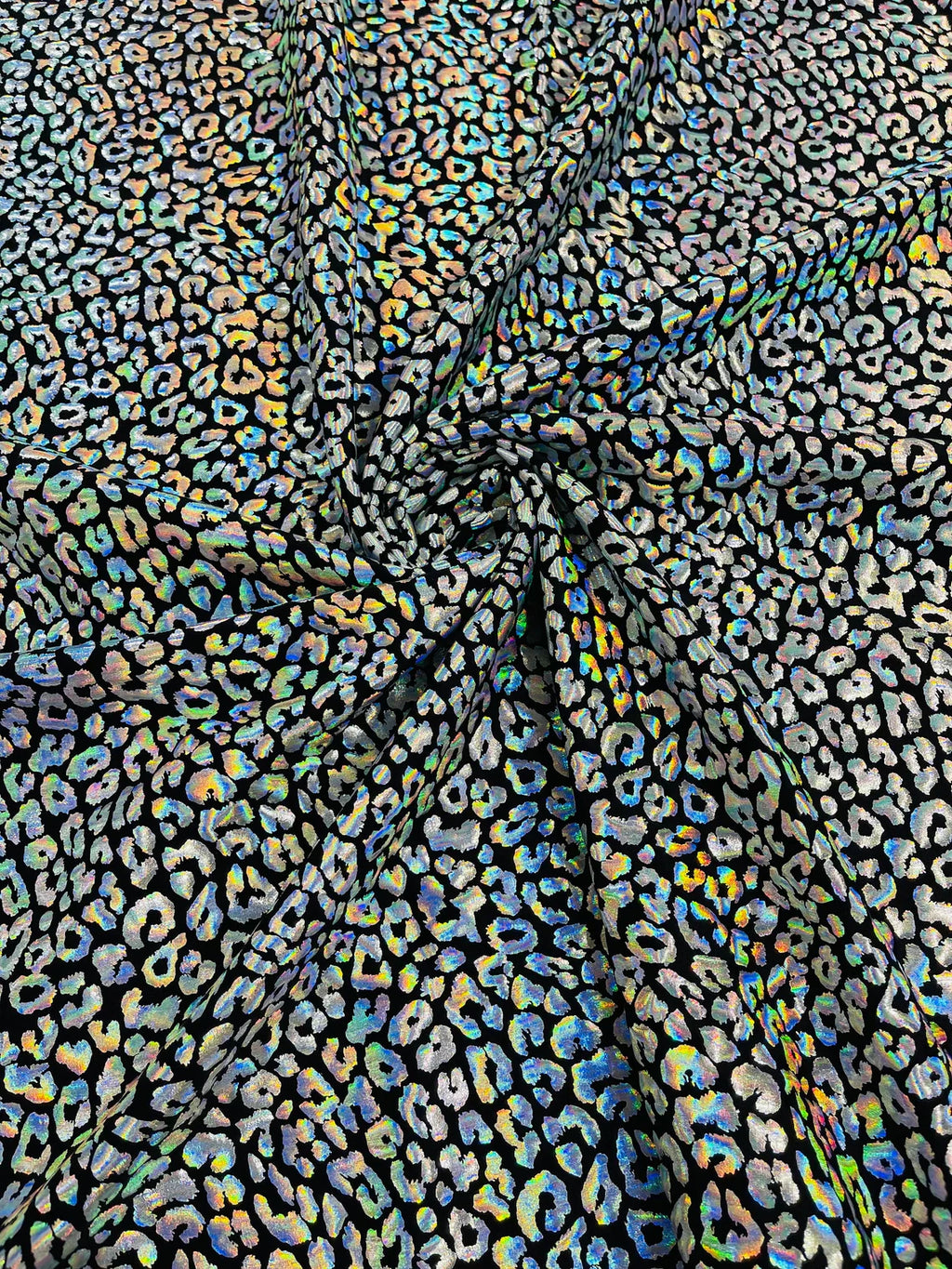 Cheetah Mystique Foil Fabric - Black / Silver - 58/60" 4 Way Stretch Iridescent Foil Cheetah Print Spandex Fabric By Yard