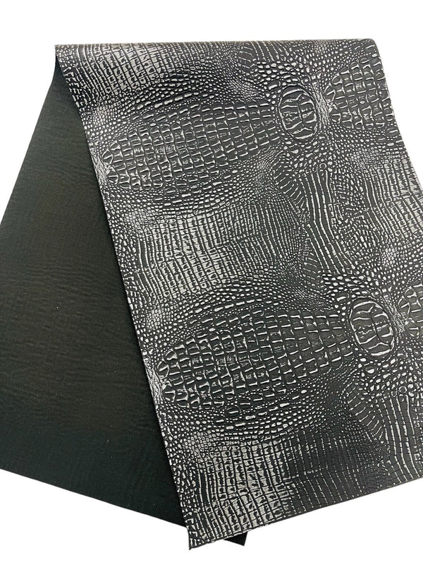 Alligator Faux Leather Vinyl - Black / Silver - Fabric 3D Scales Design Vinyl Alligator By Yard