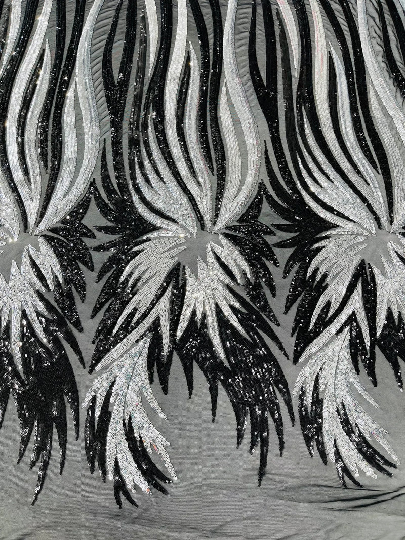 Phoenix Wing Sequins - Black / Silver - 4 Way Stretch Wings Pattern Design Fabric By Yard