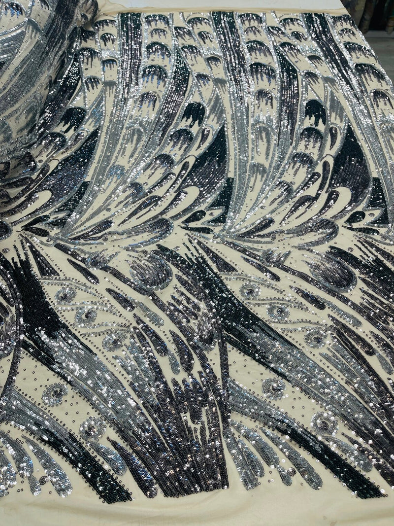 Multi-Color Sequins Design - Black / Silver - 4 Way Stretch Sequins Fabric By The Yard