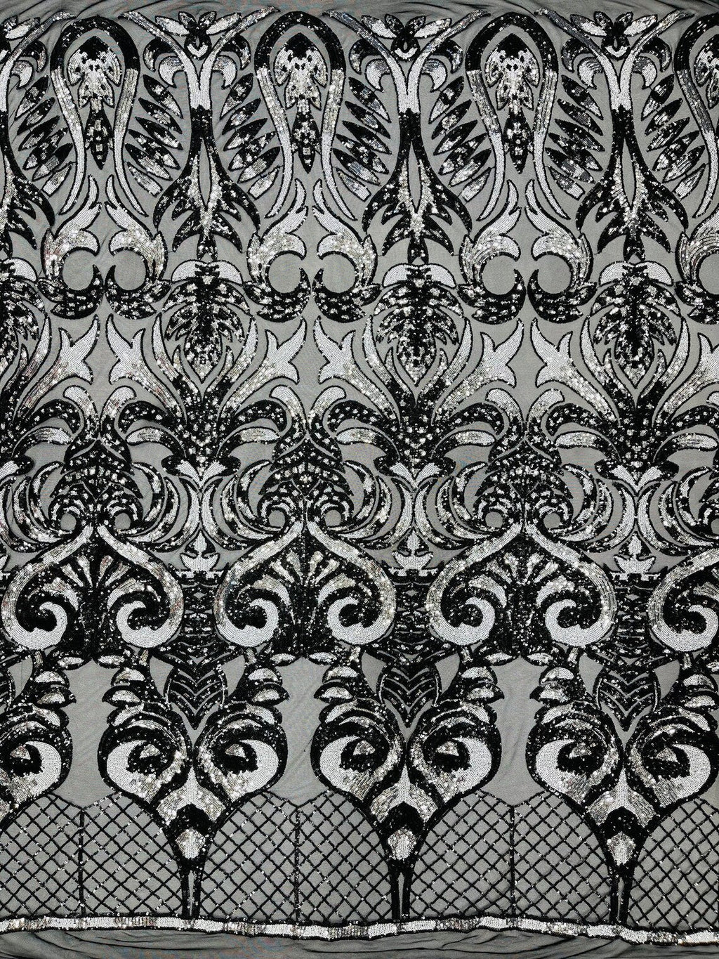 Open Heart Damask Design - Black / Silver - 4 Way Stretch Sequins Embroidered Fabric By Yard