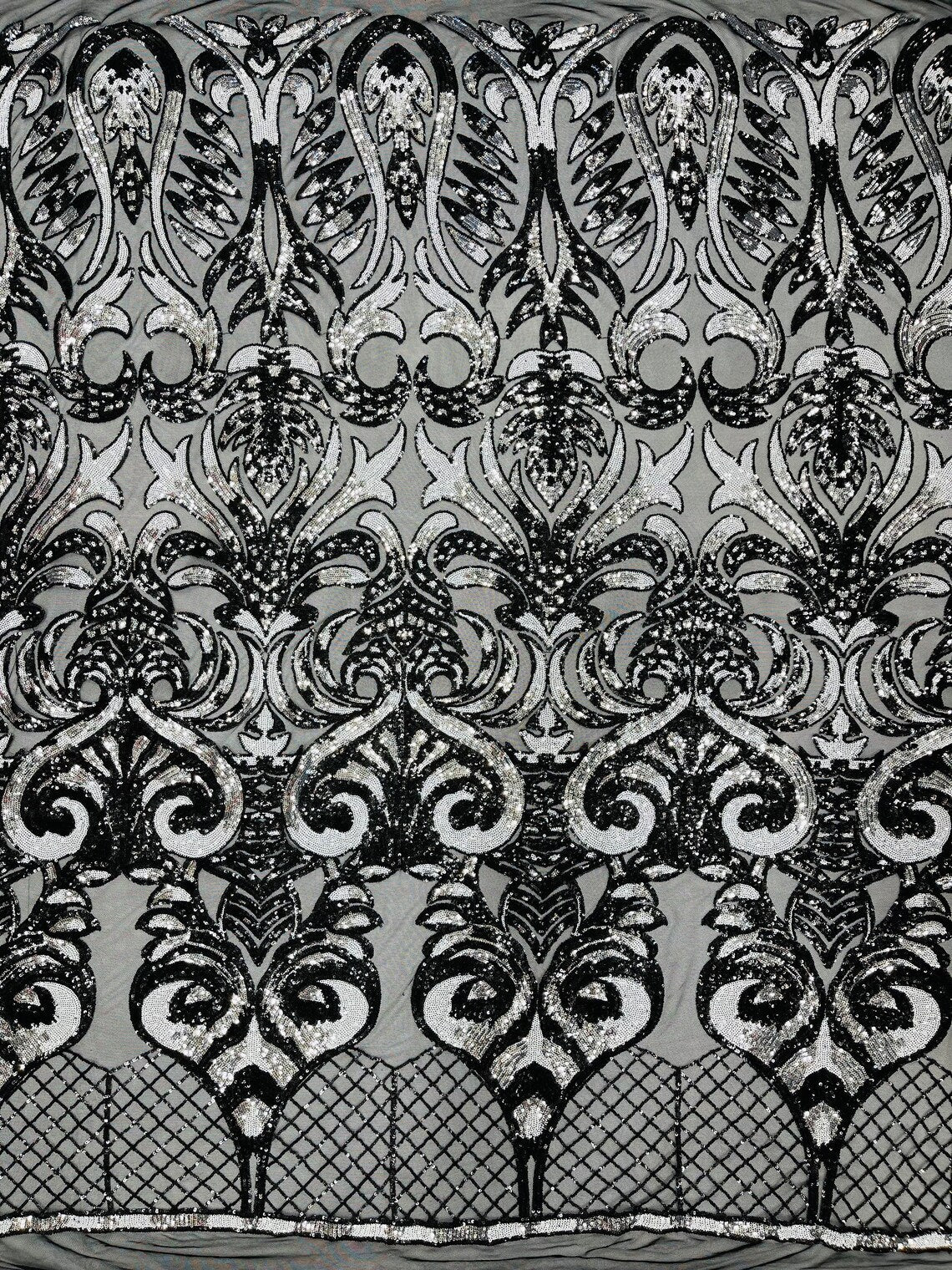 Open Heart Damask Design - Black / Silver - 4 Way Stretch Sequins Embroidered Fabric By Yard