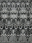 Open Heart Damask Design - Black / Silver - 4 Way Stretch Sequins Embroidered Fabric By Yard
