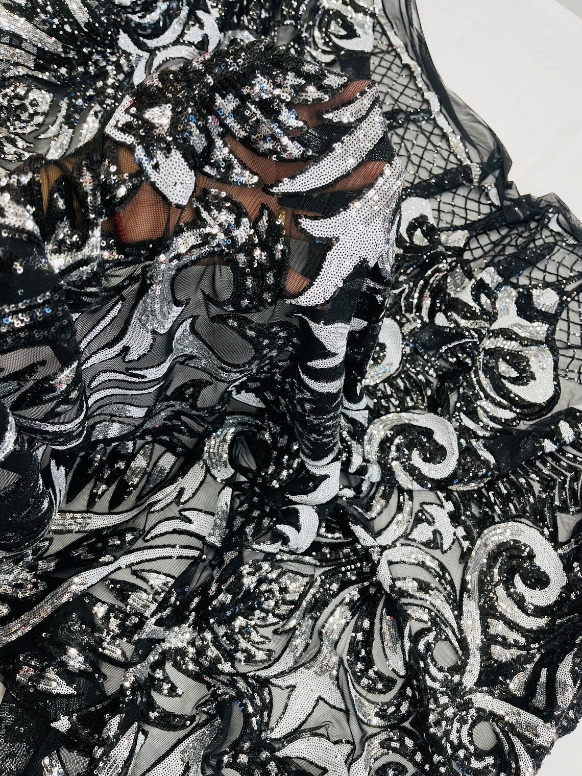 Open Heart Damask Design - Black / Silver - 4 Way Stretch Sequins Embroidered Fabric By Yard