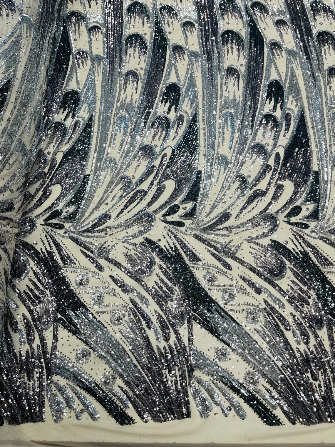 Multi-Color Sequins Design - Black / Silver - 4 Way Stretch Sequins Fabric By The Yard