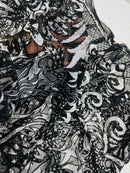 Open Heart Damask Design - Black / Silver - 4 Way Stretch Sequins Embroidered Fabric By Yard
