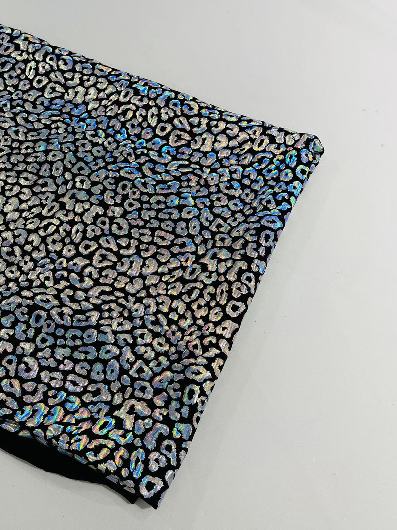 Cheetah Mystique Foil Fabric - Black / Silver - 58/60" 4 Way Stretch Iridescent Foil Cheetah Print Spandex Fabric By Yard