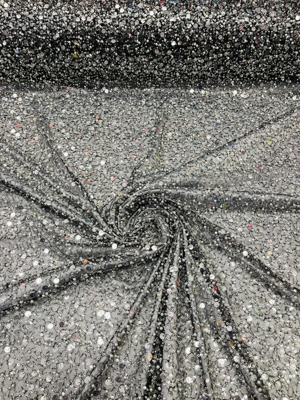 Heavy Duty Sequins Pearl Fabric - Black / Silver - Heavy Handmade Embroidery Lace with Sequins All Over By Yard