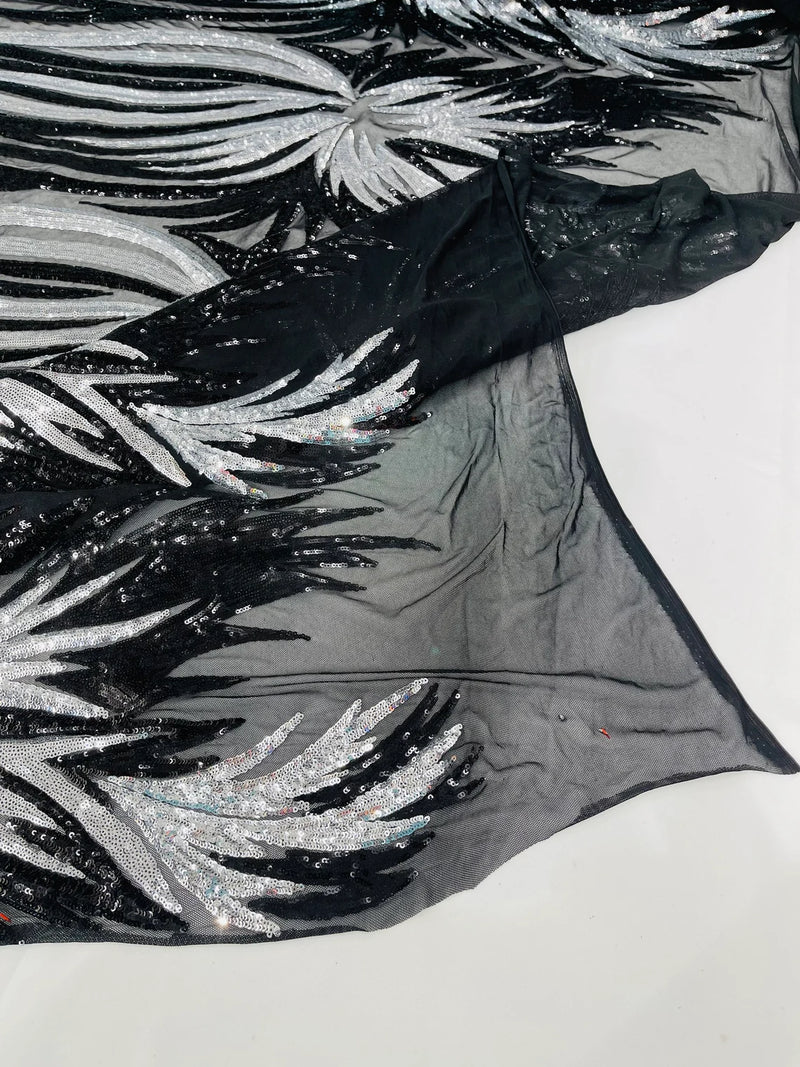 Phoenix Wing Sequins - Black / Silver - 4 Way Stretch Wings Pattern Design Fabric By Yard