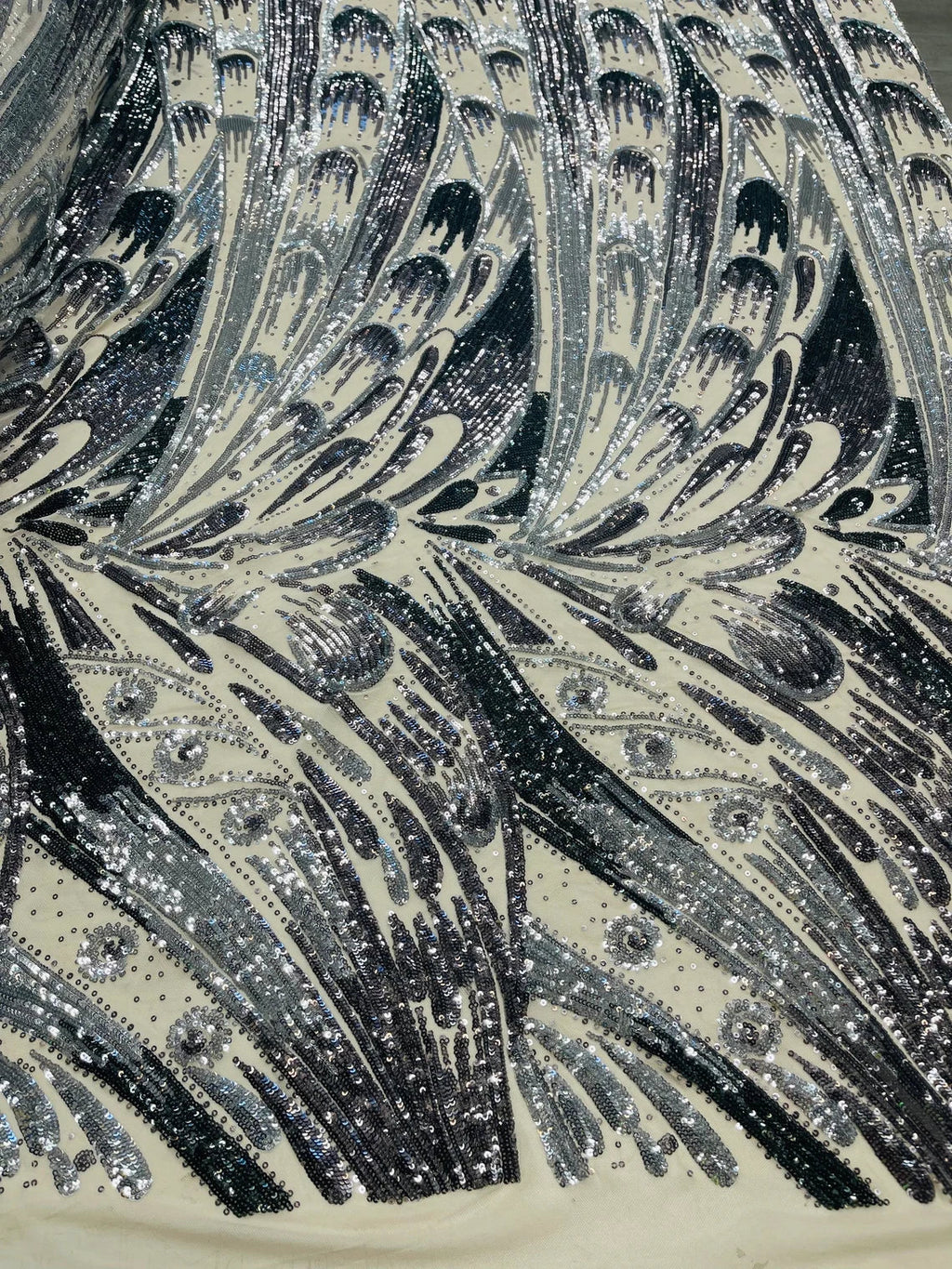 Multi-Color Sequins Design - Black / Silver - 4 Way Stretch Sequins Fabric By The Yard