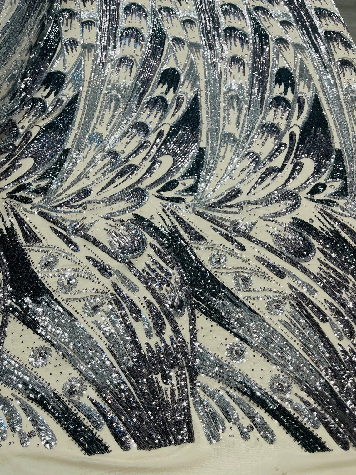 Multi-Color Sequins Design - Black / Silver - 4 Way Stretch Sequins Fabric By The Yard