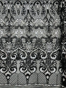 Open Heart Damask Design - Black / Silver - 4 Way Stretch Sequins Embroidered Fabric By Yard