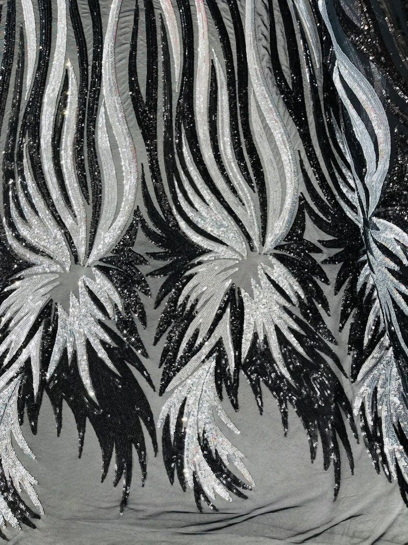 Phoenix Wing Sequins - Black / Silver - 4 Way Stretch Wings Pattern Design Fabric By Yard