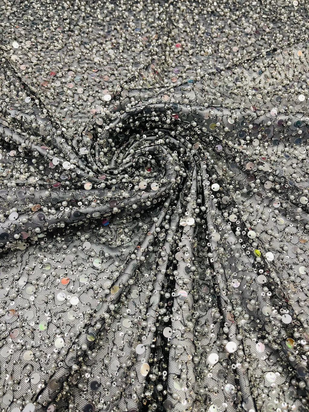 Heavy Duty Sequins Pearl Fabric - Black / Silver - Heavy Handmade Embroidery Lace with Sequins All Over By Yard
