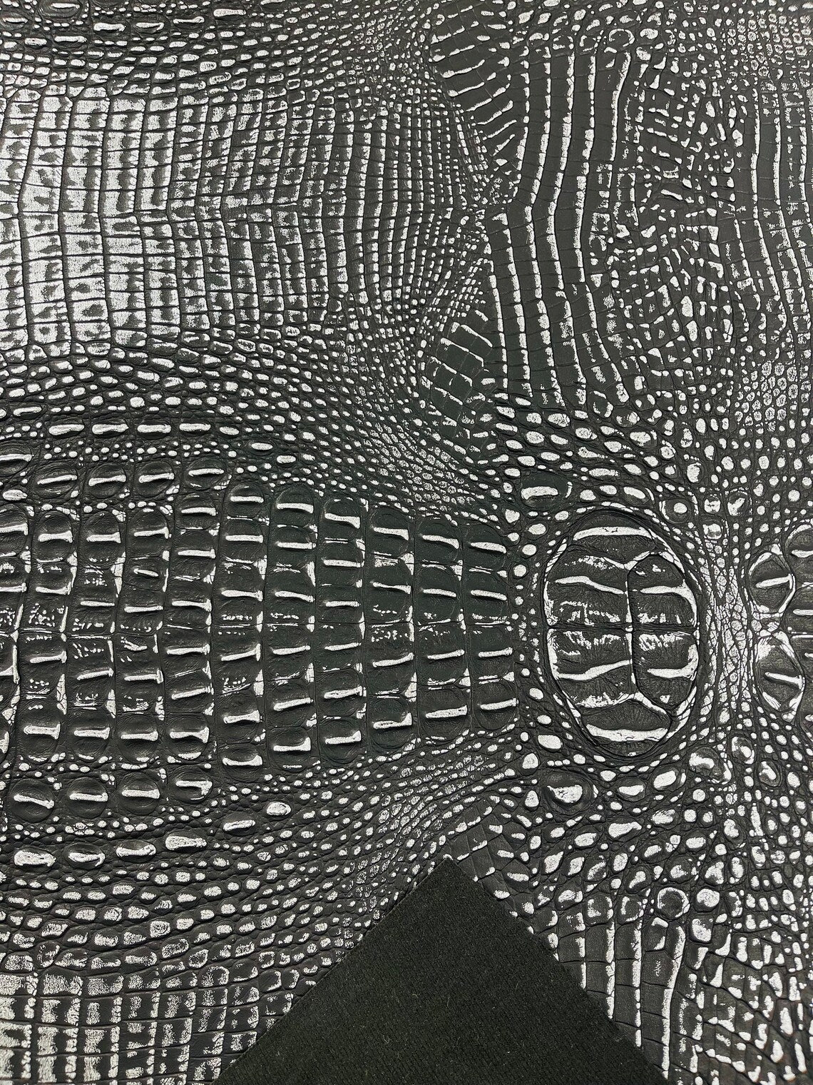 Alligator Faux Leather Vinyl - Black / Silver - Fabric 3D Scales Design Vinyl Alligator By Yard