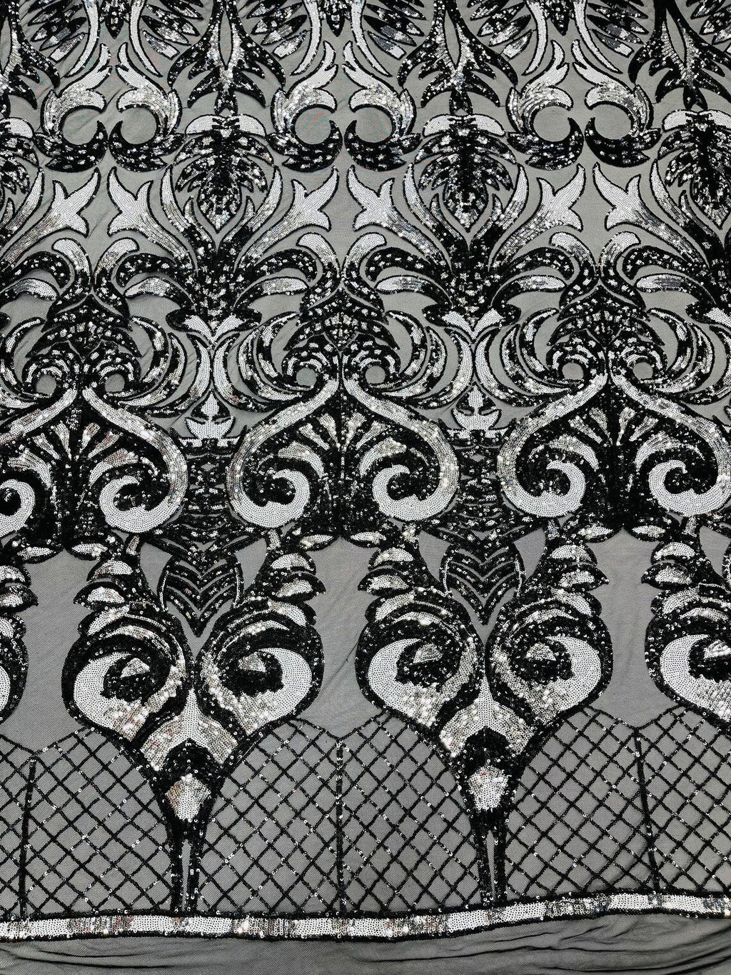 Open Heart Damask Design - Black / Silver - 4 Way Stretch Sequins Embroidered Fabric By Yard