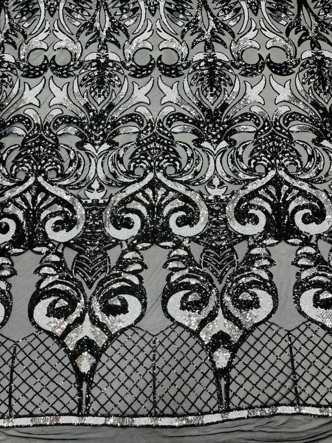 Open Heart Damask Design - Black / Silver - 4 Way Stretch Sequins Embroidered Fabric By Yard