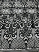 Open Heart Damask Design - Black / Silver - 4 Way Stretch Sequins Embroidered Fabric By Yard