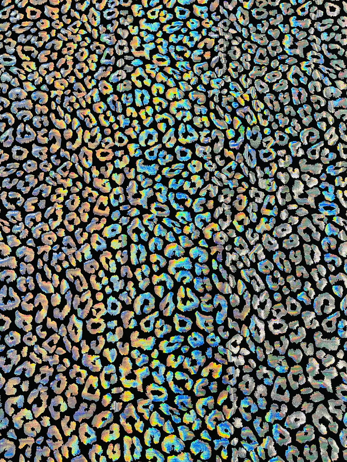 Cheetah Mystique Foil Fabric - Black / Silver - 58/60" 4 Way Stretch Iridescent Foil Cheetah Print Spandex Fabric By Yard