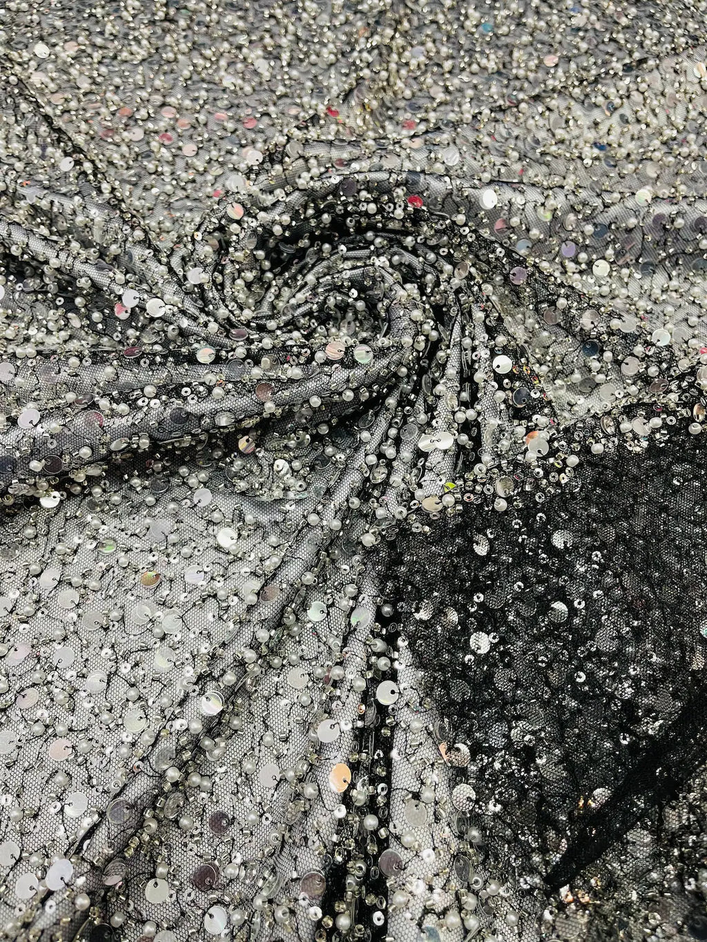 Heavy Duty Sequins Pearl Fabric - Black / Silver - Heavy Handmade Embroidery Lace with Sequins All Over By Yard