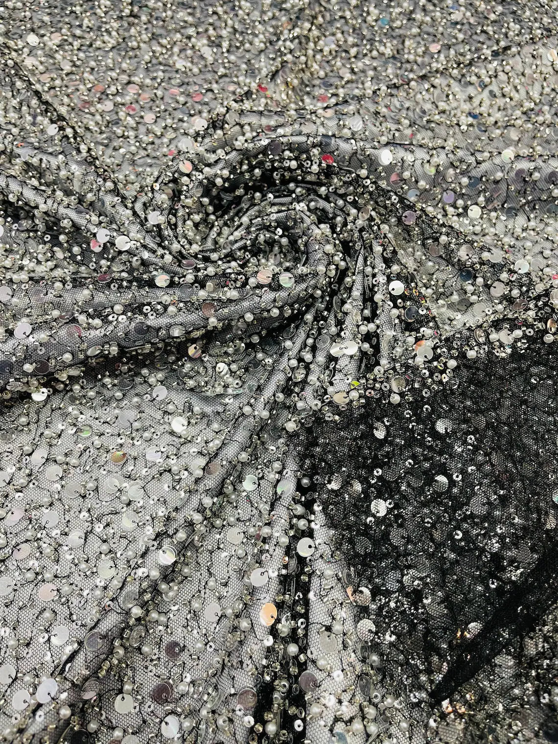 Heavy Duty Sequins Pearl Fabric - Black / Silver - Heavy Handmade Embroidery Lace with Sequins All Over By Yard