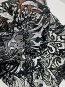 Open Heart Damask Design - Black / Silver - 4 Way Stretch Sequins Embroidered Fabric By Yard