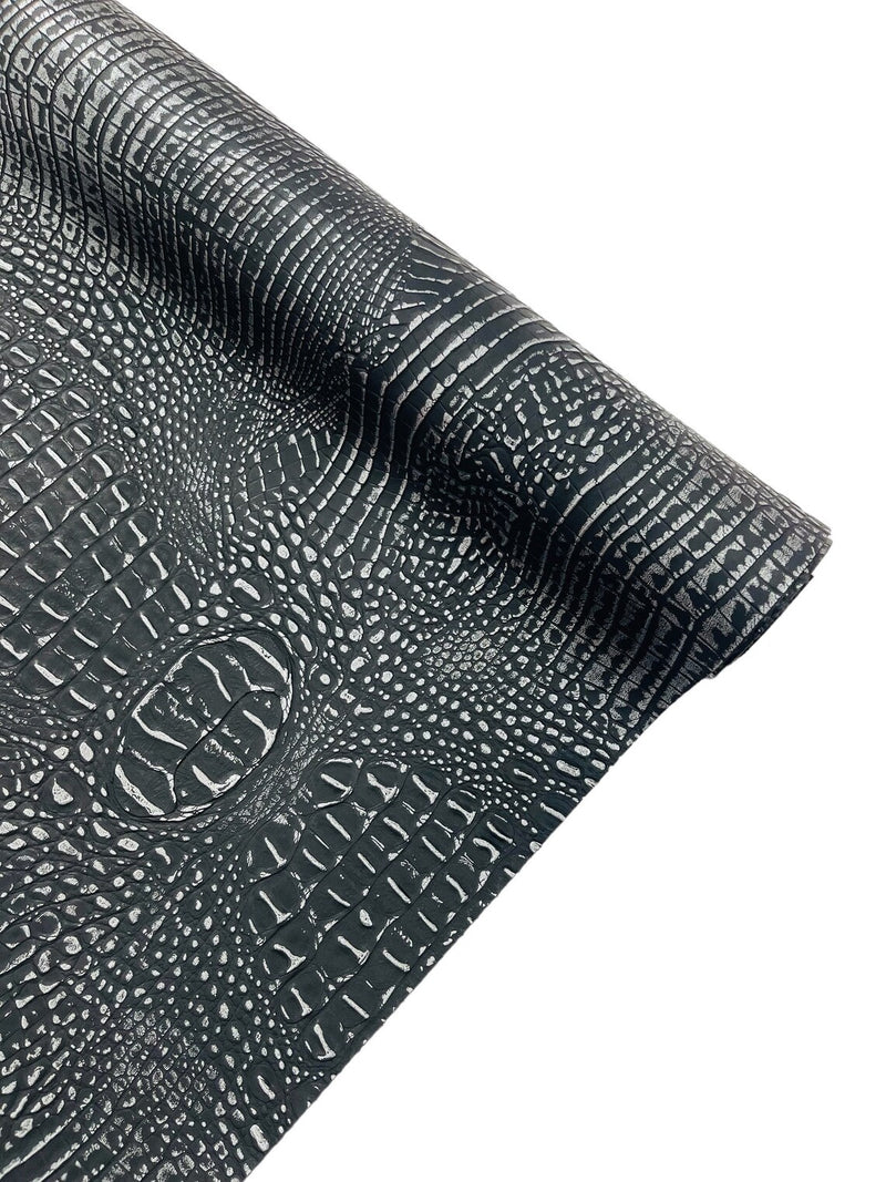 Alligator Faux Leather Vinyl - Black / Silver - Fabric 3D Scales Design Vinyl Alligator By Yard