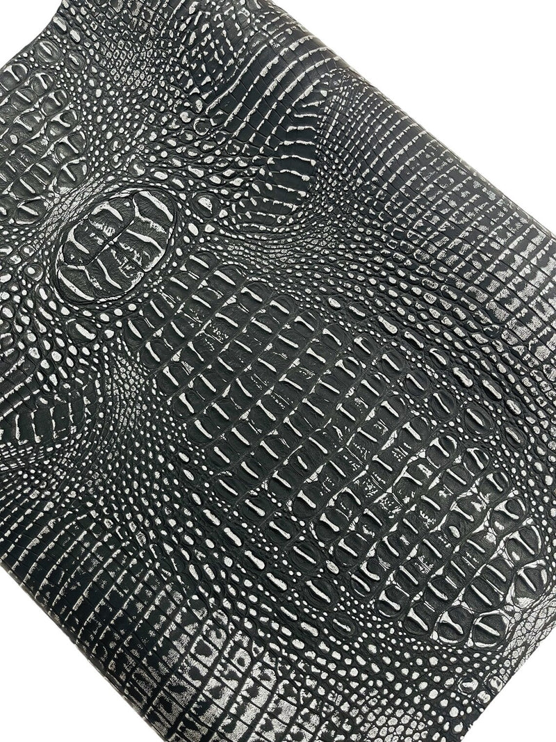 Alligator Faux Leather Vinyl - Black / Silver - Fabric 3D Scales Design Vinyl Alligator By Yard