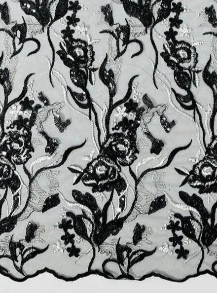 Floral Multi-color Fabric - Black / White - Flower and Leaves Lace Sequins Fabric Sold By Yard