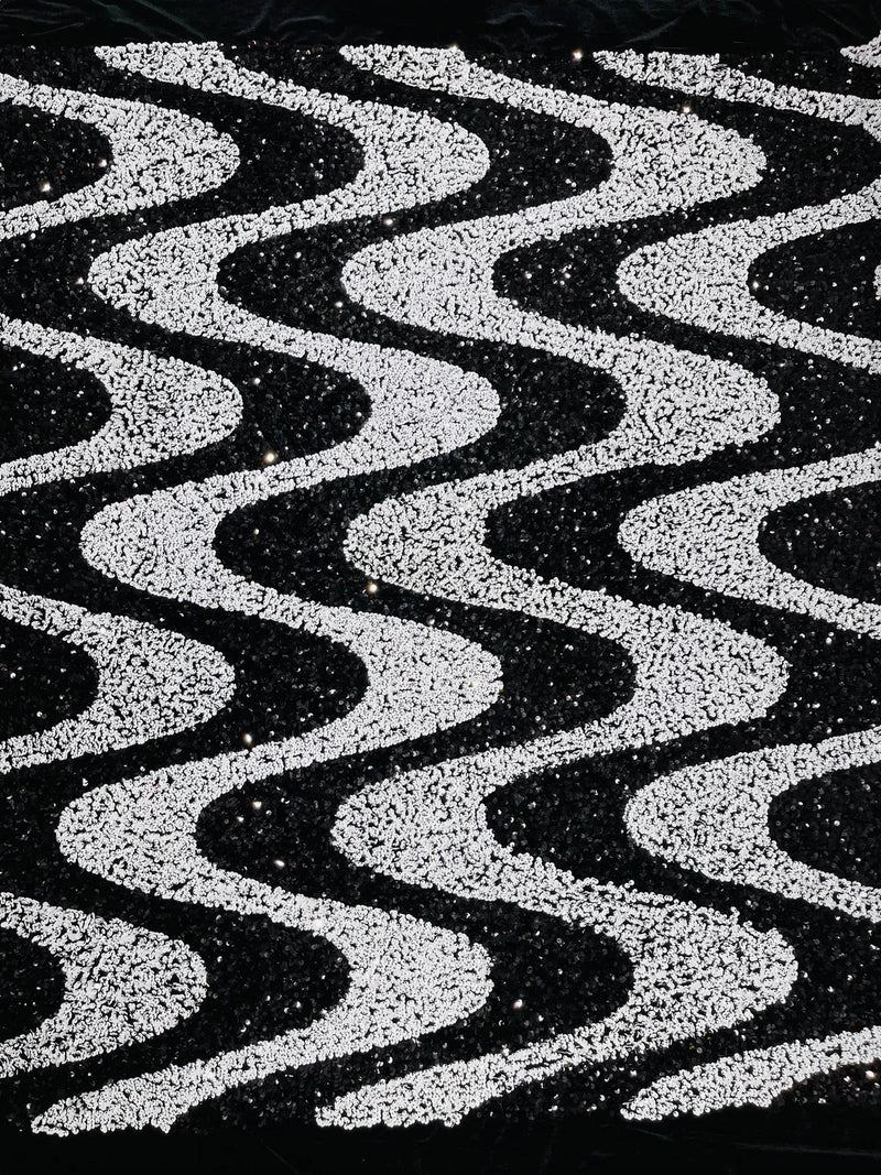 Wavy Line Velvet Sequins - Black / White - Velvet Sequins 2 Way Stretch Fabric 58/60” By Yard