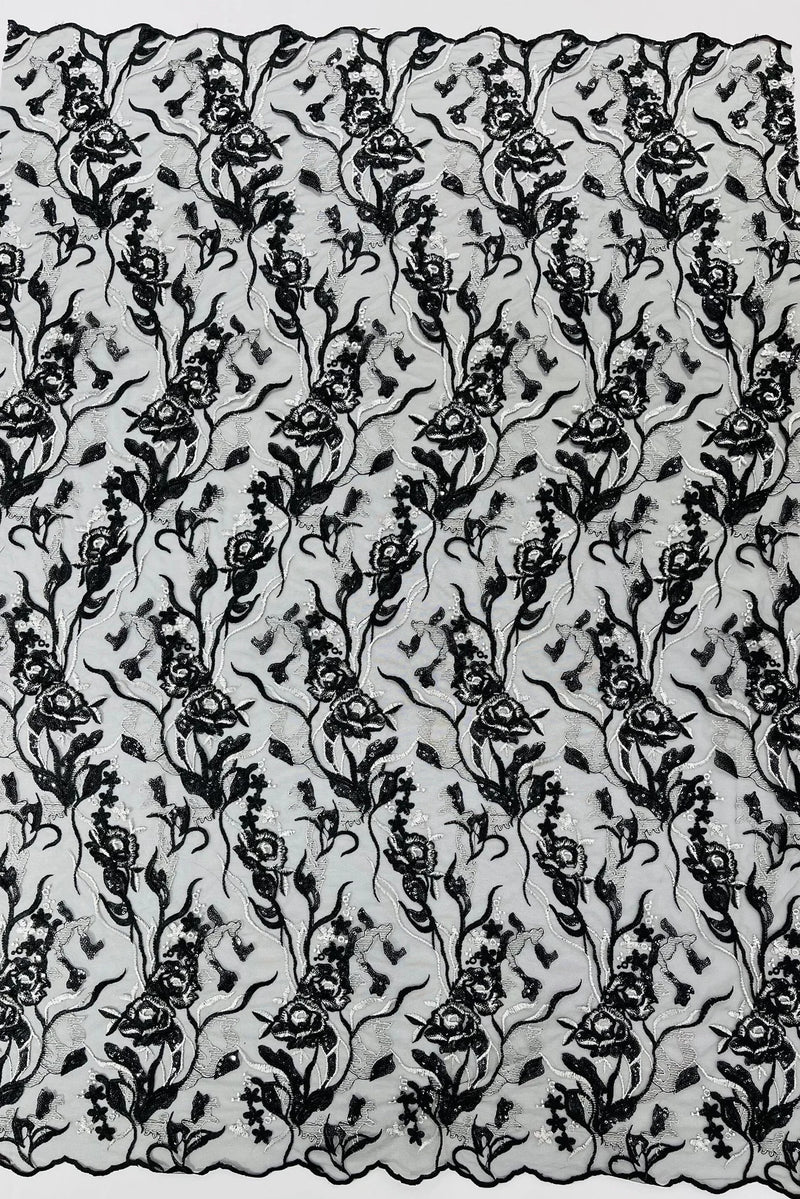 Floral Multi-color Fabric - Black / White - Flower and Leaves Lace Sequins Fabric Sold By Yard