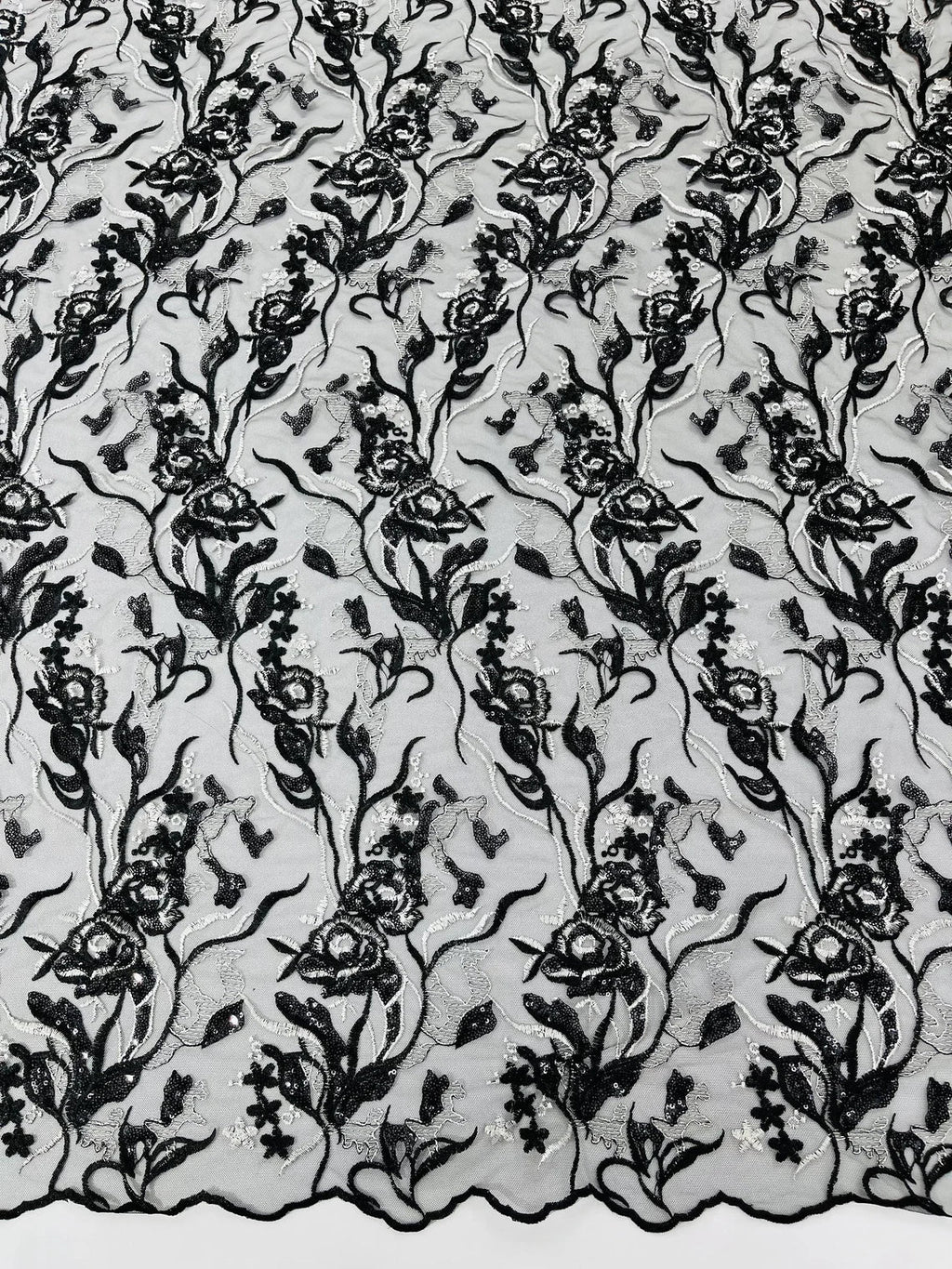 Floral Multi-color Fabric - Black / White - Flower and Leaves Lace Sequins Fabric Sold By Yard