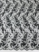 Floral Multi-color Fabric - Black / White - Flower and Leaves Lace Sequins Fabric Sold By Yard