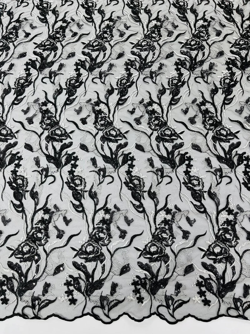 Floral Multi-color Fabric - Black / White - Flower and Leaves Lace Sequins Fabric Sold By Yard