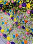 Multi-Color Mexican Sarape Fabric - Black Mesh Flower Design Embroidered Lace Fabric By Yard