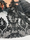 Heavy Bead Floral Fabric - Black - Beaded Flower Design Fabric Fancy Border By Yard