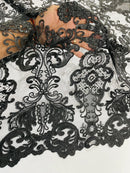 King Lace Pattern Fabric - Black - Embroidered Sequins on Lace Mesh Fabric By Yard