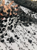 3D Flower Glitter Fabric - Black - Flower Design on Glitter Mesh Fabric Sold By Yard