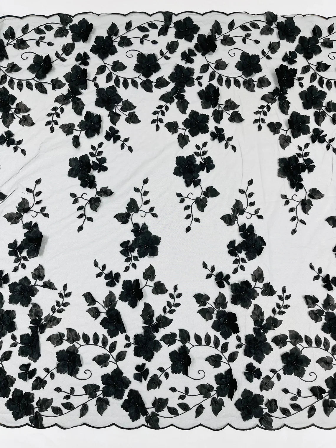 3D Floral Pearl Fabric - Black - Embroidered Floral Pearl Fabric Double Border On Mesh By Yard