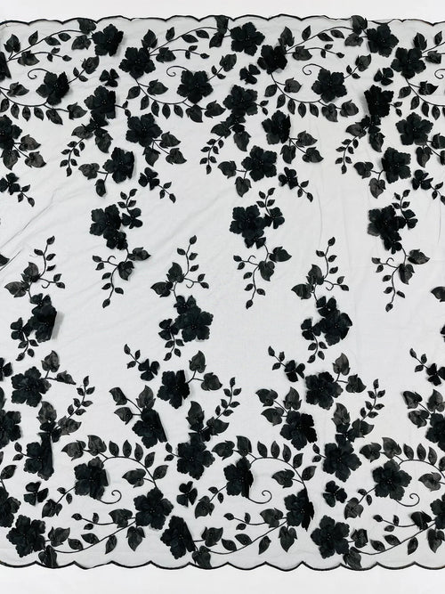 3D Floral Pearl Fabric - Black - Embroidered Floral Pearl Fabric Double Border On Mesh By Yard