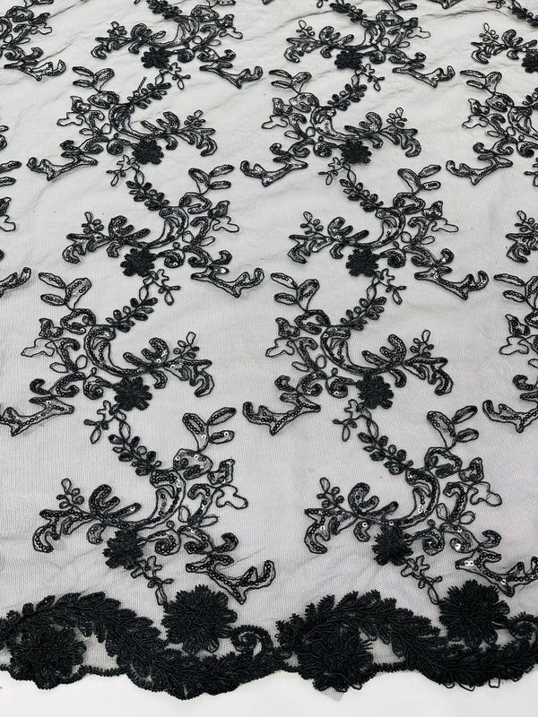 Floral Sequins Lace Fabric - Black - Embroidery Flower Clusters Design with Shiny Sequins  Fabric Sold By Yard