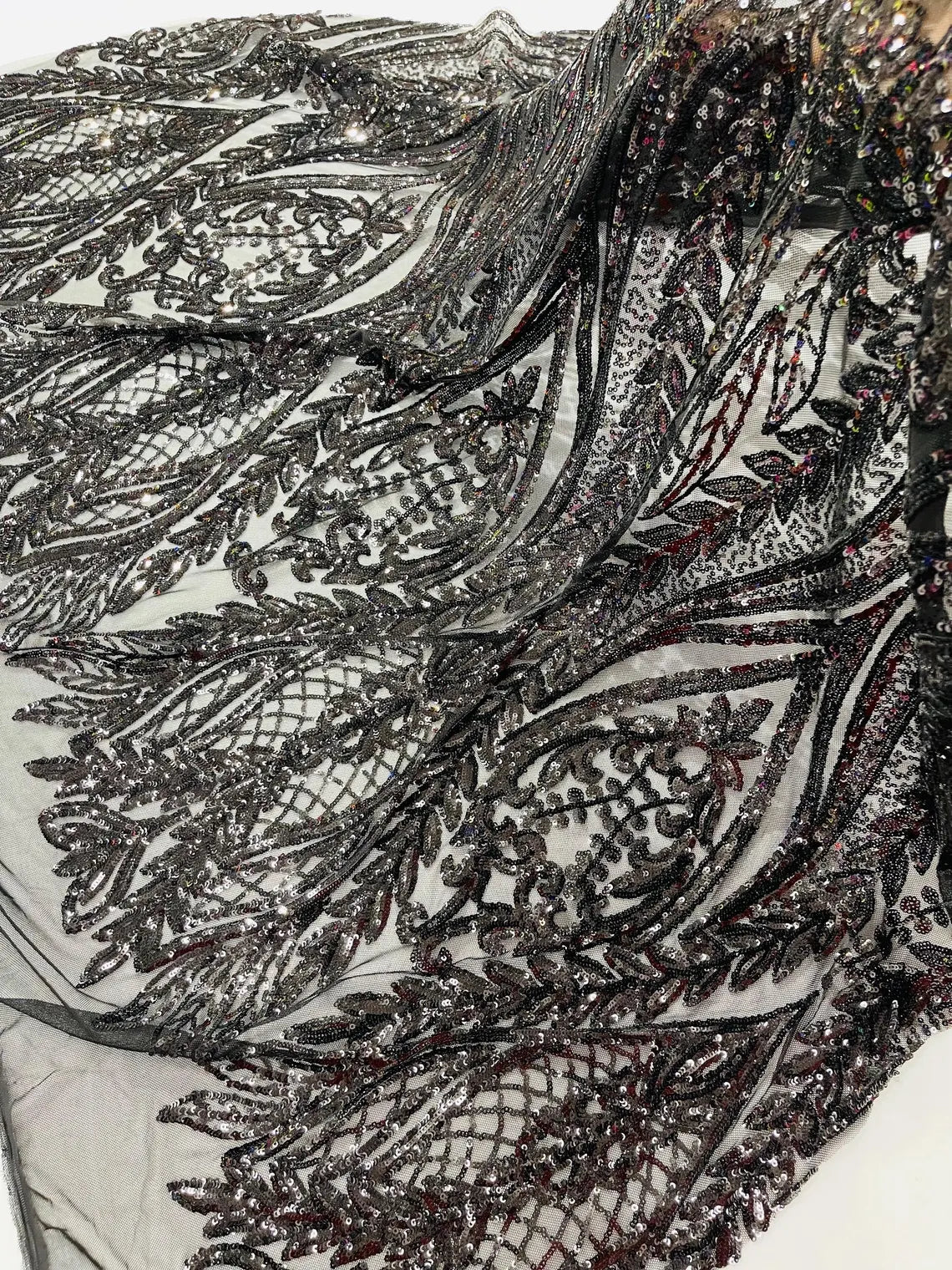 Mermaid Design Sequins Fabric - Black - Sequins Fabric 4 Way Stretch on Mesh By Yard