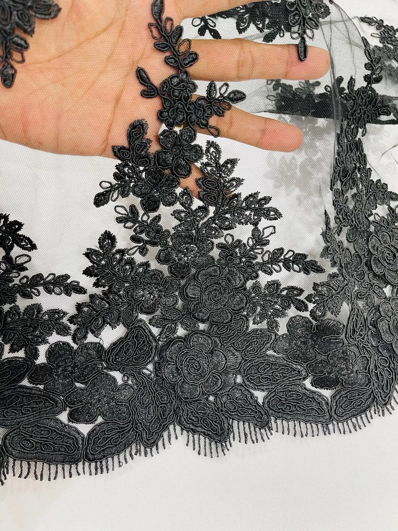 Corded Floral 3D Fabric - Black - Embroidered Floral Design on Lace Mesh Fabric by Yard