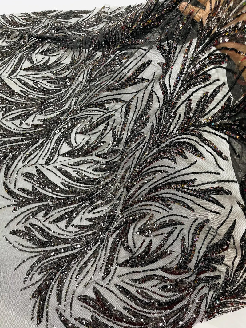 Leaf Design Stretch Sequins - Black - 4 Way Stretch Lace Mesh Sequins Fabric by Yard