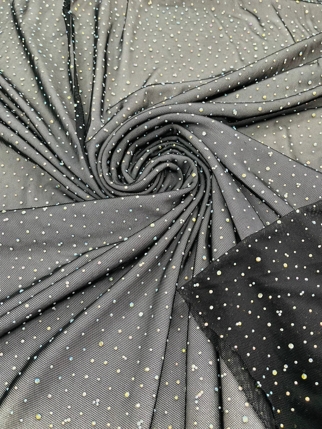 Power Mesh Polyester Rhinestone Fabric - Black - 4 Way Stretch Power M ...